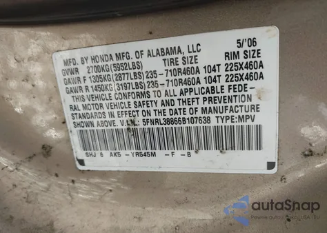 2006 Honda Odyssey Touring z USA, uszkodzony, nr VIN 5FNRL38866B107638